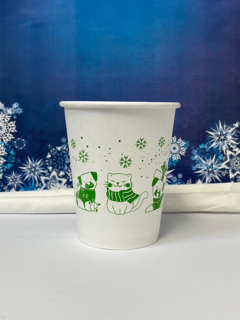 8 oz. Holiday Recyclable Paper Cup - Sip, Sit, & Stay (Green) - THE CUP STORE