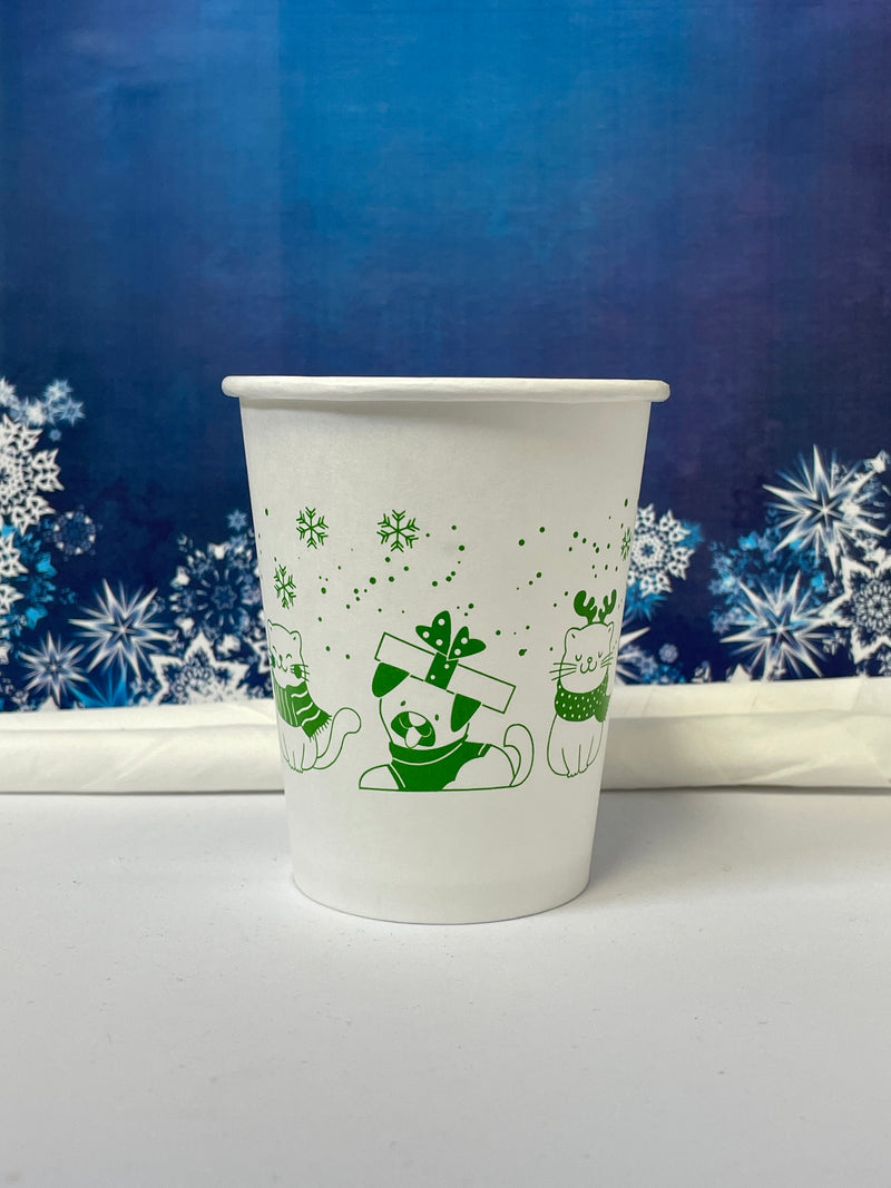 8 oz. Holiday Recyclable Paper Cup - Sip, Sit, & Stay (Green) - THE CUP STORE
