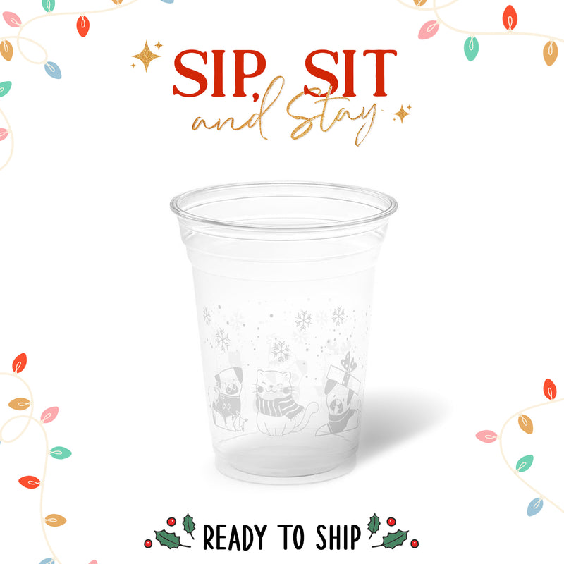 10 oz. Holiday Recyclable Plastic Cup - Sip, Sit, & Stay (White) - THE CUP STORE