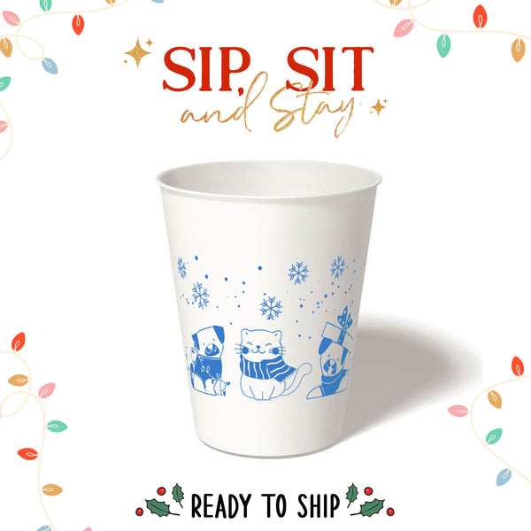 12 oz. Holiday Recyclable Paper Cup - Sip, Sit, & Stay (Blue) - THE CUP STORE