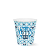 10 oz. blue and white Full Wrap Recyclable Paper Cup with "Your Logo Here" on white background.