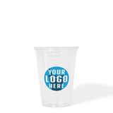10 oz custom printed recyclable plastic cup with "Your Logo Here" on white background
