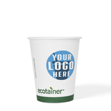 12 oz compostable paper cup with green bottom stripe and green "ecotainer" text, custom printed "Your Logo Here", on white background