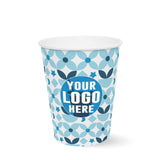 12 oz. blue and white Full Wrap Recyclable Paper Cup with "Your Logo Here" on white background.