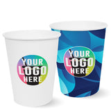 Two 12 oz. Multicolor recyclable Paper Cup with "Your Logo Here" on white background