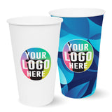 Two 16 oz. Multicolor Recyclable Paper Cup with "Your Logo Here" on white background