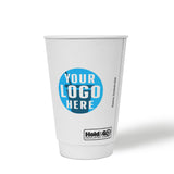 16 oz custom printed premium recyclable double walled paper cup with "Your Logo Here" on white background