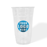 24 oz custom printed recyclable plastic cup with "Your Logo Here" on white background