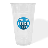 32 oz custom printed recyclable plastic cup with "Your Logo Here" on white background