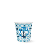 4 oz. blue and white Full Wrap Recyclable Paper Cup with "Your Logo Here" on white background.