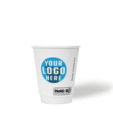 8 oz custom printed premium recyclable double walled paper cup with "Your Logo Here" on white background