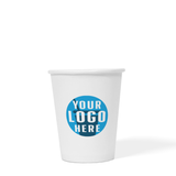 8 oz custom printed recyclable paper cup with "Your Logo Here" on white background