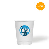 8 oz custom printed recyclable double walled paper cup with "Your Logo Here" on white background