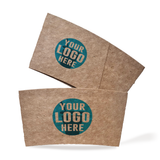 Two Kraft Brown Coffee Sleeves with "Your logo here" on a white background