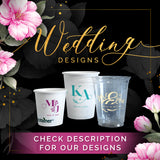 Paper and plastic cups decorated with wedding logos. Cups and designs provided by The Cup Store.