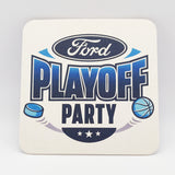 Square medium weight coaster, with "Ford Playoff Party" logo in blue, on a white table