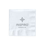 3-PLY White Beverage Napkin with "Inspiro Tequila" logo in grey, on a white background
